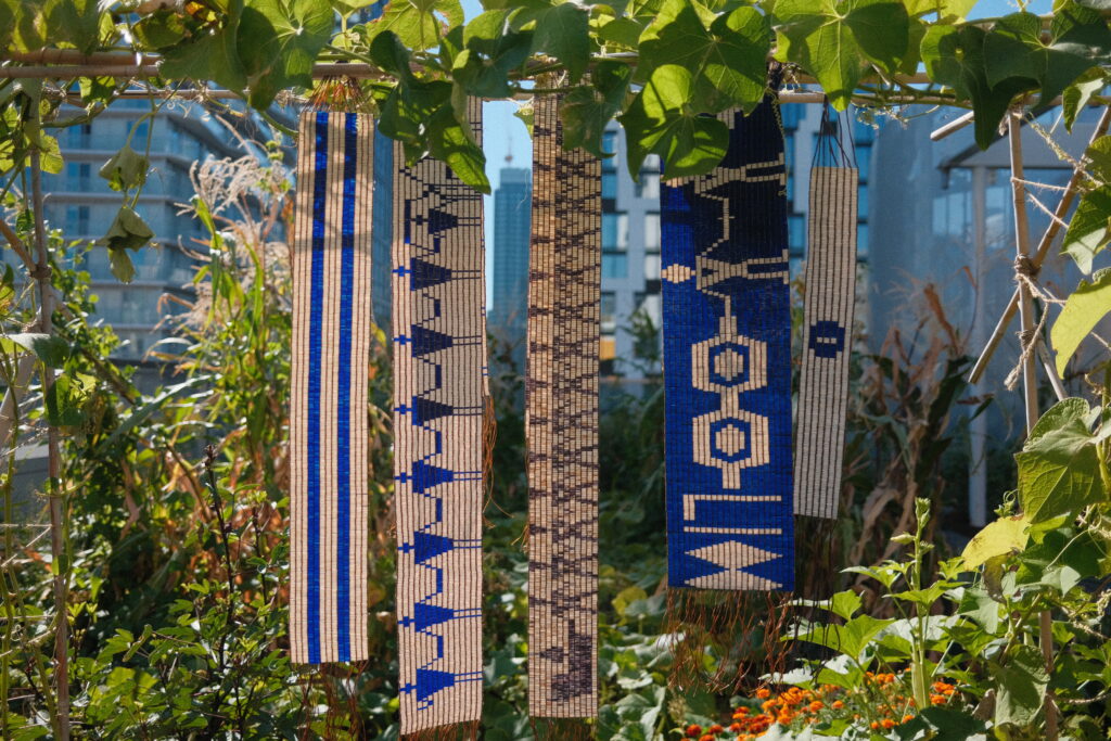 Wampum treaty belts hanging in the rooftop garden at Toronto Metropolitan University. Left to right- 
Two row, 